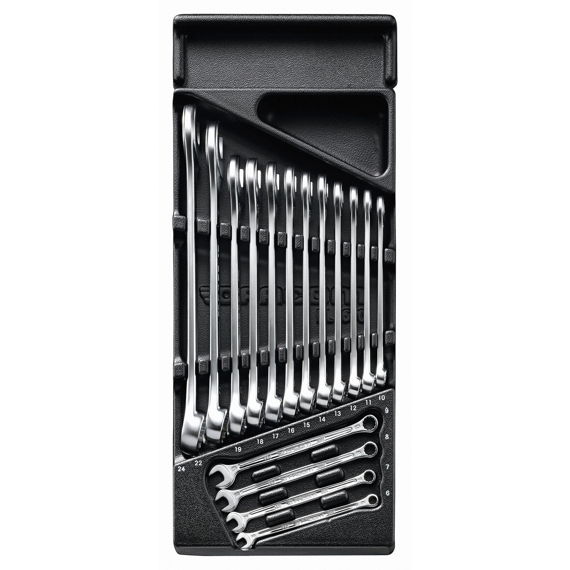 Facom MOD.440-1PB wrench set in black tray, top view, with multiple chrome combination wrenches organized by size.